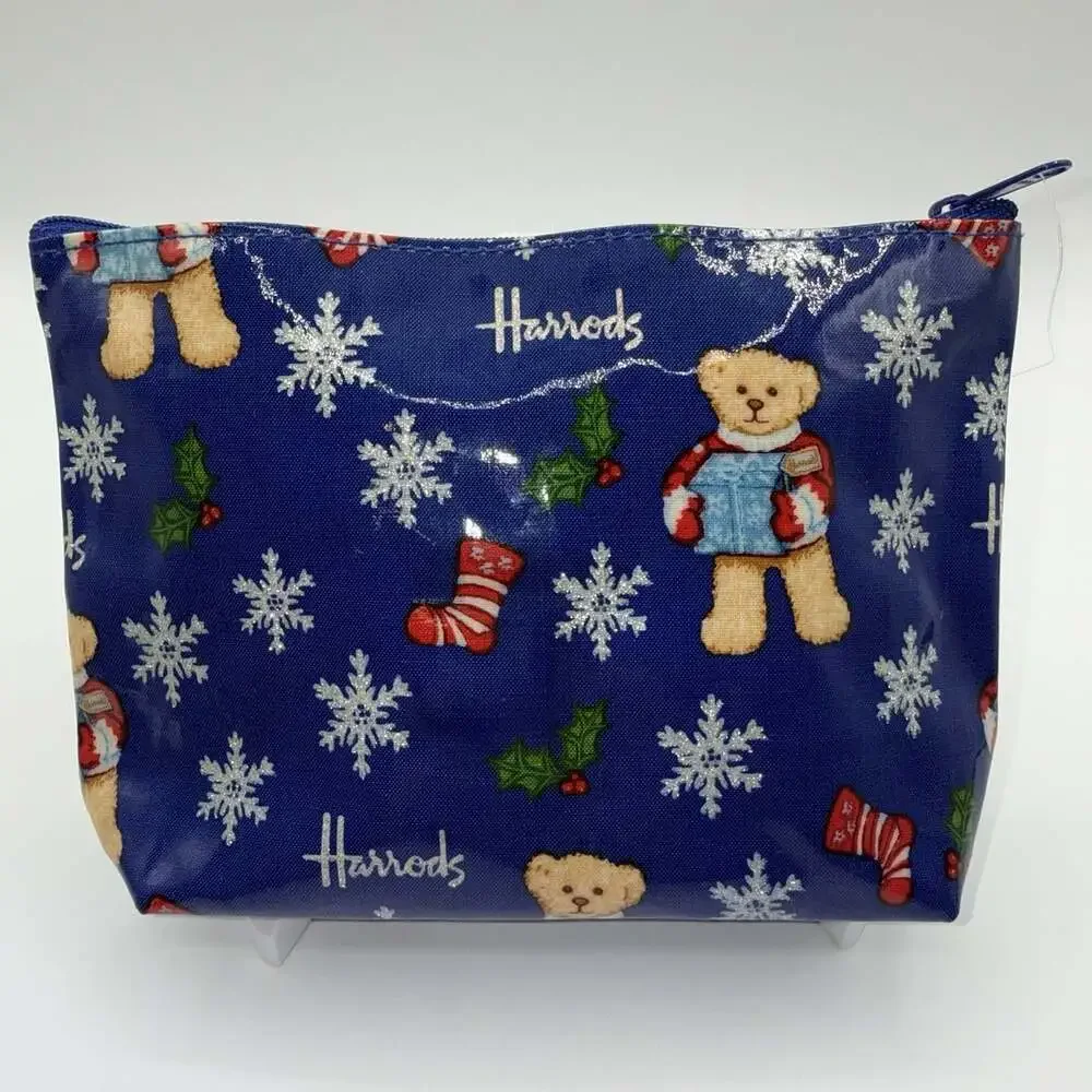 Harrods Christmas Teddy Bear Snowflake Cosmetic Makeup Bag Blue Zip Pouch NWOT